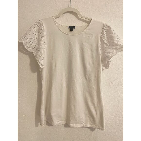 Ann Taylor Factory White Eyelet Flutter Sleeve Blouse Top Women’s Large L - Picture 1 of 5